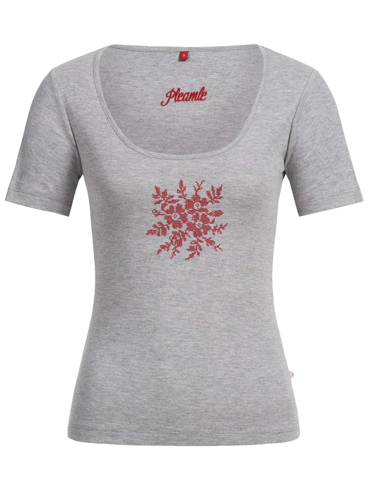 Pleamle Damen Kreuzstich Shirt Blume grau rot
