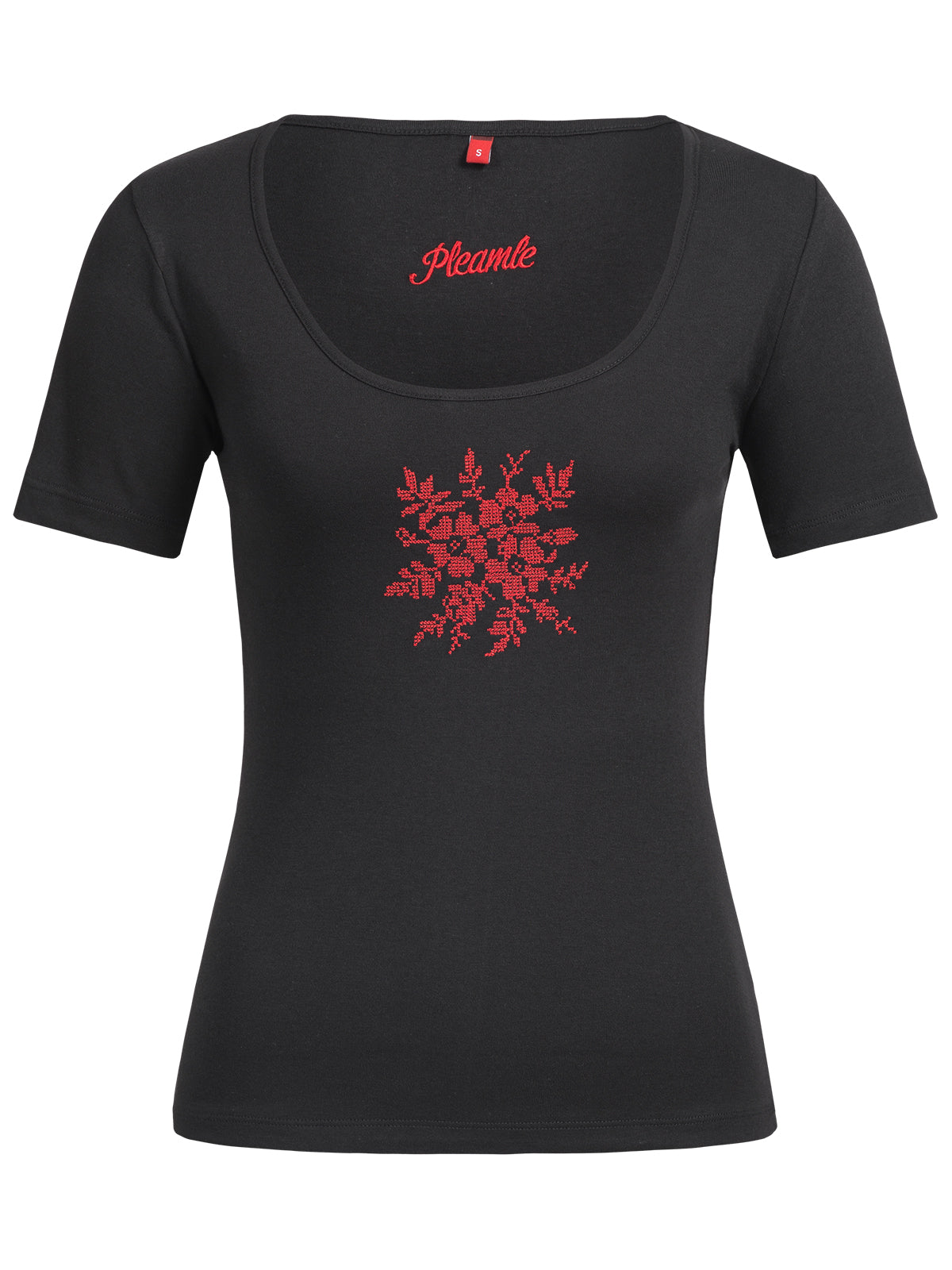 Pleamle Damen Kreuzstich Shirt Blume schwarz rot