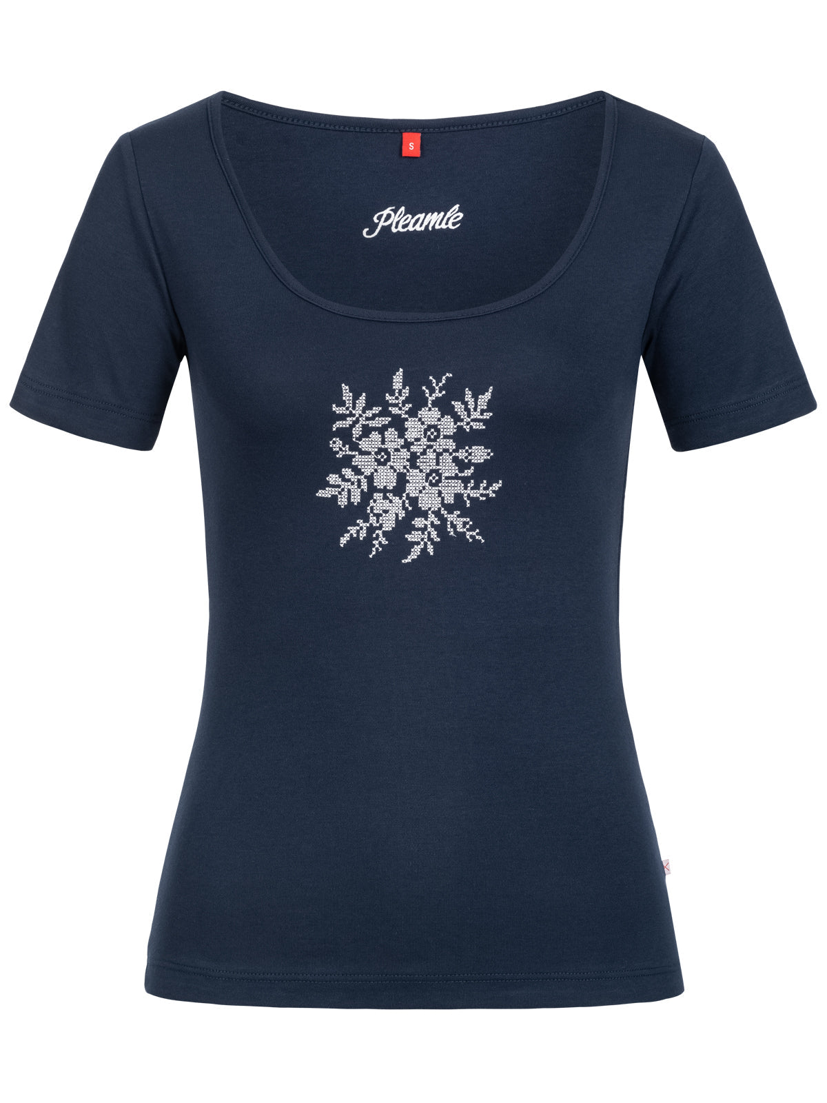 Pleamle Damen Shirt Kreuzstich mit Blume dunkelblau