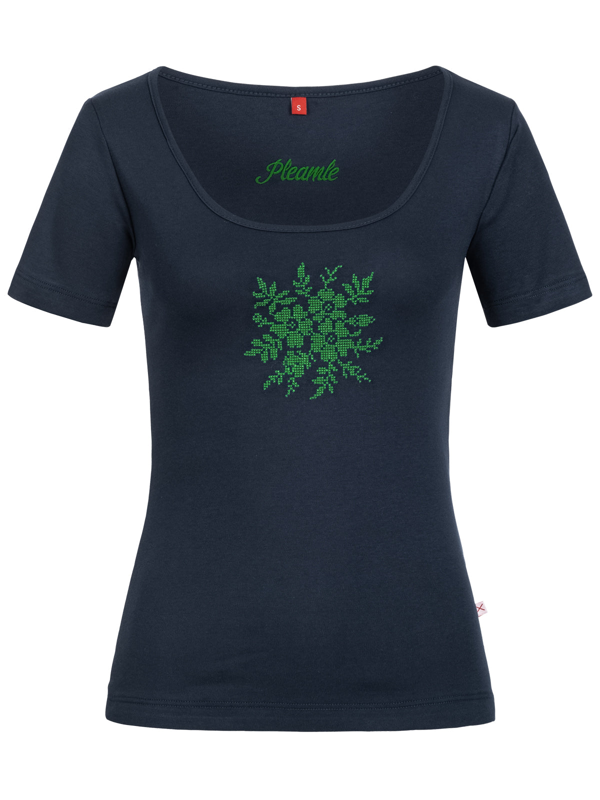 Pleamle Damen Shirt Kreuzstich mit Blume dunkelblau gruen