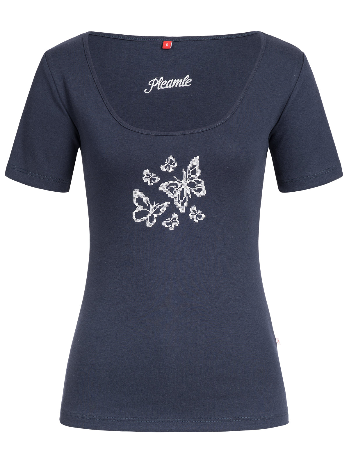 Pleamle Damen Kreuzstich Shirt mit Schmetterling dunkelblau