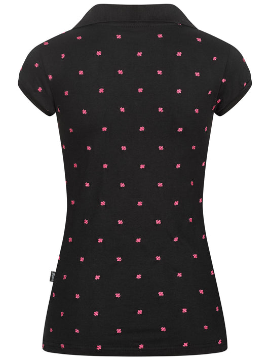 Pleamle Damen Polo Gezogene Knopfleiste Pique Schwarz/Magenta